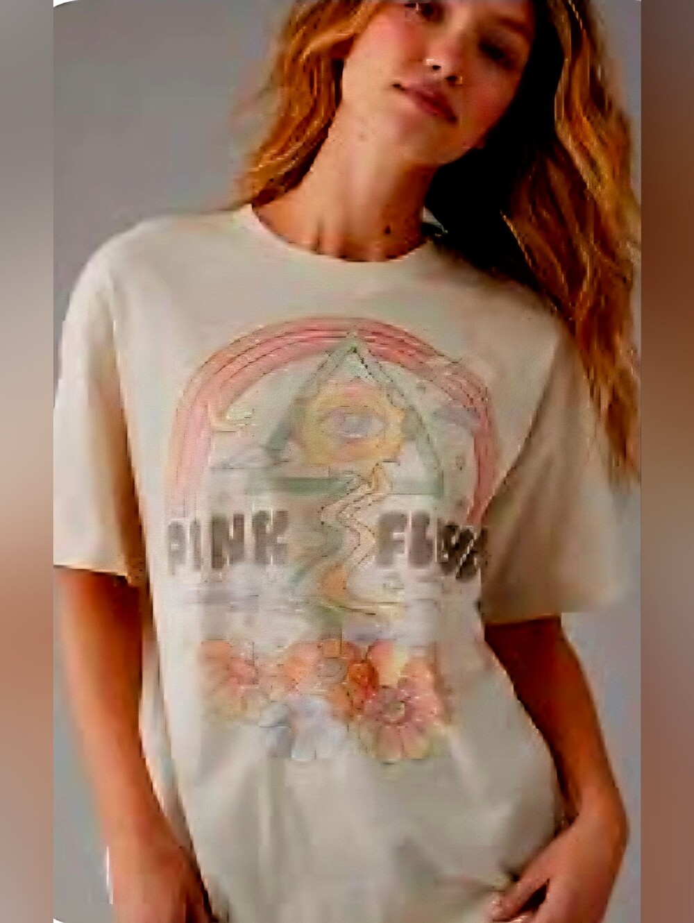 Pink Floyd Beige Graphic Band Tee 70s  w/ Pastel Rainbow Motif Street Bikercore